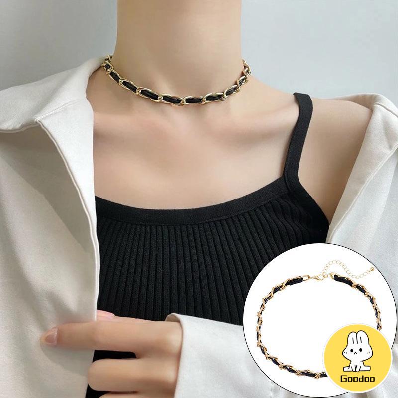 Kalung titanium menenun Vintage High-end Kalung Fashion Niche Kulit Jalinan Kalung Wanita Rantai Tulang Selangka -Doo