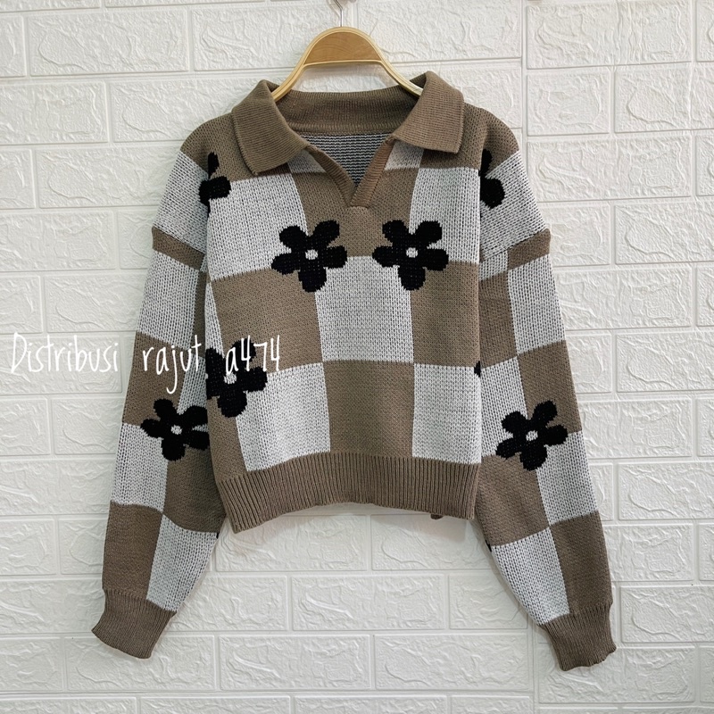 FAMELA ATASAN  SWEATER RAJUT CROP  KERAH MOTIF KOTAK KOTAK BUNGA WANITA