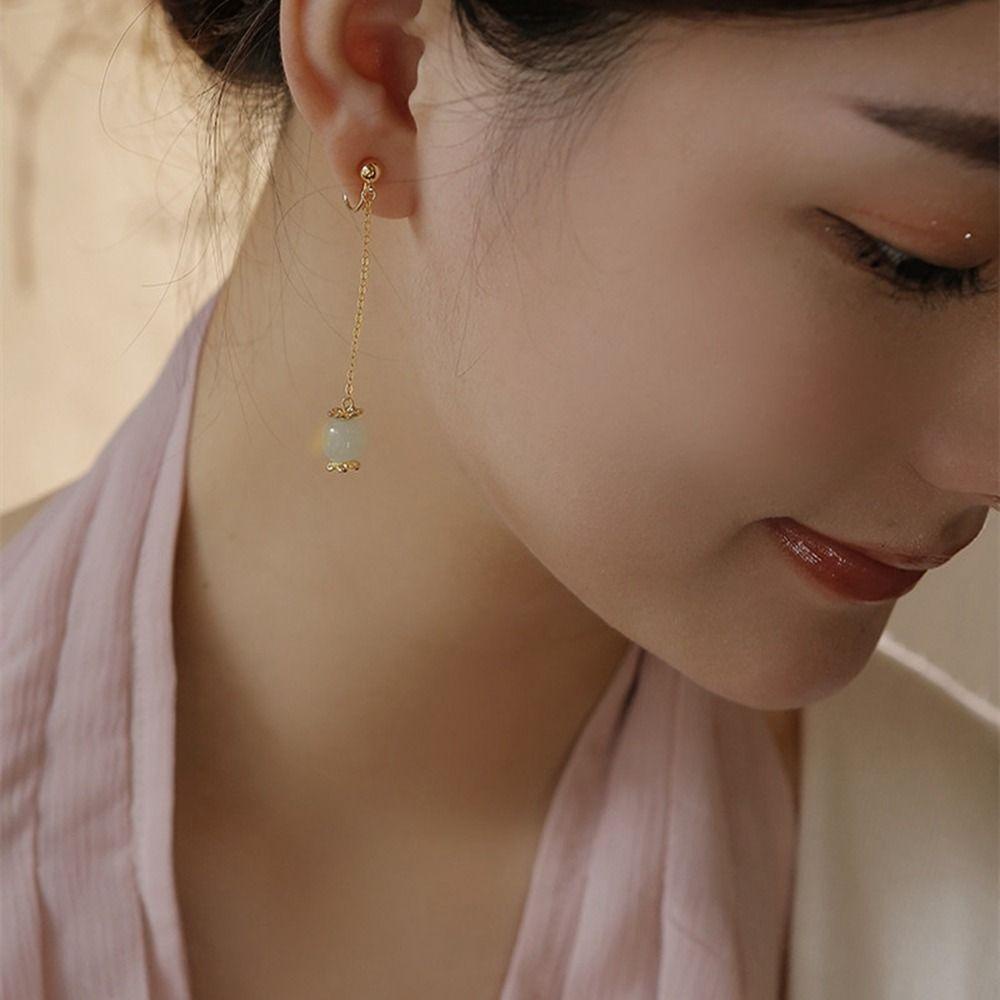 Needway Anting Perempuan Anting Mini Elegan Fashion Mutiara Geometri Telinga Klip Cheongsam Perhiasan Bulat Wanita Stud Earrings Chinese Style Jewelry