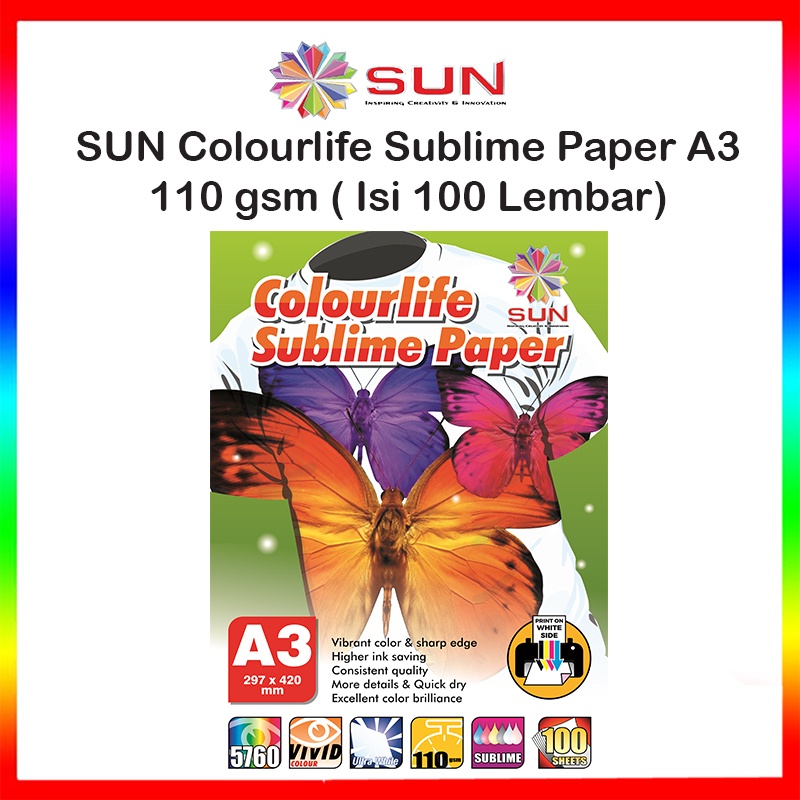 

Kertas Sablon Sublim Transfer Paper A3 110 Gram - SUN Colourlife Sublime Paper A3 isi 100 Lembar ( untuk mesin press mug, mesin press kaos, keramik, piring, topi, plat alumium, puzzle, bantal )