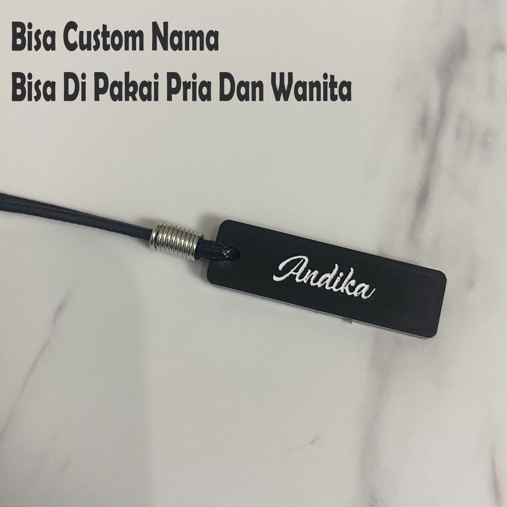 Kalung Custom Nama Tali Hitam Polos Liontin Akrilik Persegi Costum Pria Cowok Keren FREE BOX