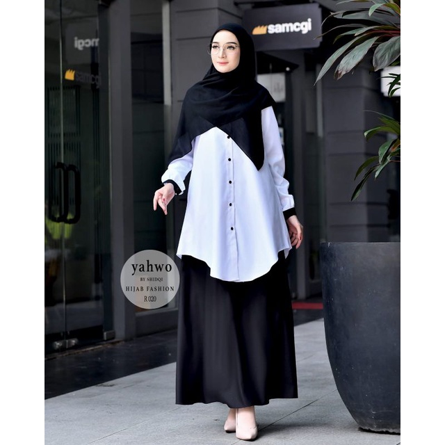 SETELAN HITAM PUTIH R020/SETELAN ROK KATUN TOYOBO FODU KUALITAS PREMIUM/SERAGAM HITAM PUTIH TERBARU/PAKAIAN DINAS WANITA/BAJU HITAM PUTIH TOYOBO FODU/SET ROK TUNIK TOYOBO BY YAHWO HIJAB FASHION ORIGINAL/YAHWO ORIGINAL