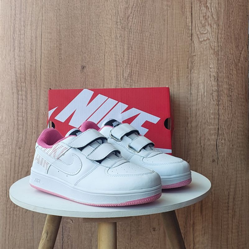Sepatu Air Force 1 Velcro Kids White Pink Premium Quality / Sneakers Anak Prempuan / Sepatu Velcro Anak