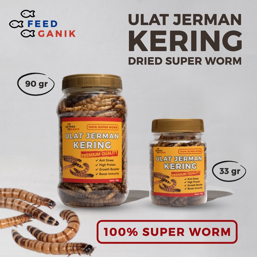 Ulat Jerman Kering Growth Booster Feedganik 33gr dan 90gr | Pakan Ikan, burung, landak, sugar glider