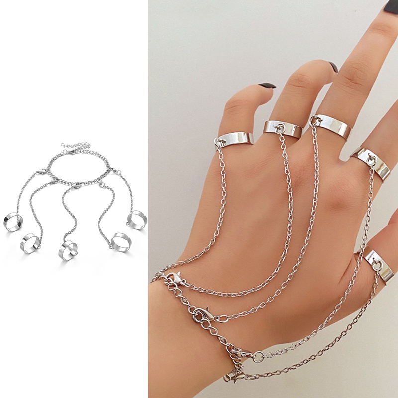 Set Gelang Tangan Rantai Silver Desain Geometri Gaya Punk Aksesoris Pria / Wanita / Pasangan