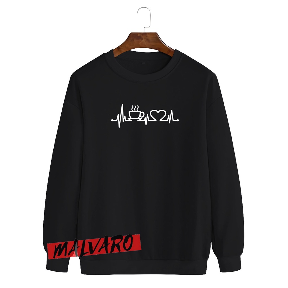 MALVARO-Sweater Crewneck / Crewneck Pria Wanita / Sweater Motif Detak Love Kopi