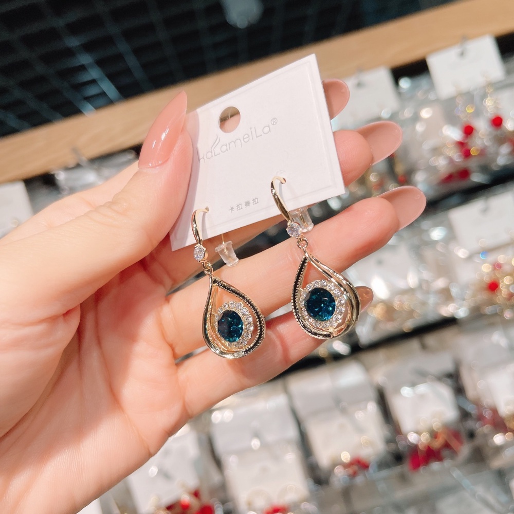 Anting Drops Hias Kristal Zirkon Buatan Warna Biru Gaya Retro Untuk Wanita