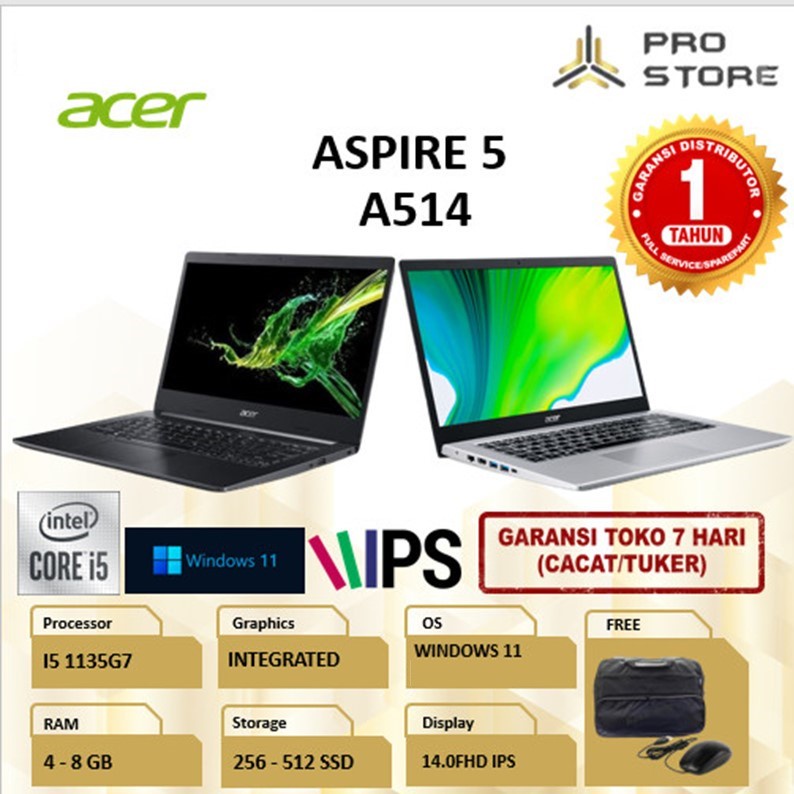 LAPTOP ACER ASPIRE 5 A514 FHD IPS I5 1135G7 RAM 8GB 512GB SSD W11