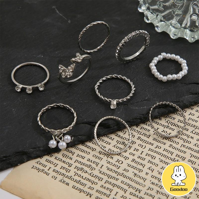 9 PCS Wanita Tipis Berongga Mutiara Kristal Kupu-kupu Berlian Premium Knuckle Ring Set -Doo