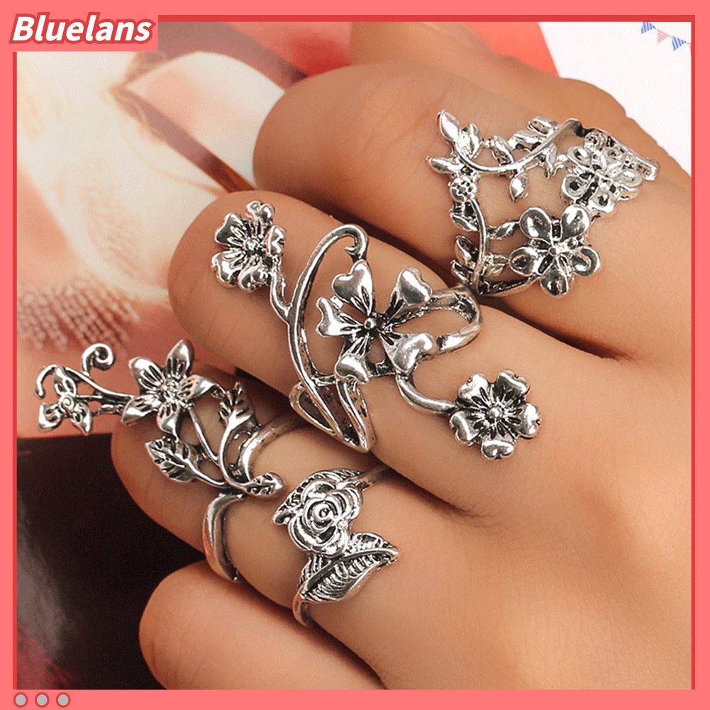 Bluelans 4Pcs Women Vintage Stereo Flower Leaves Midi Finger Knuckle Rings Set Jewelry