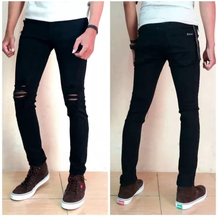 celana jeans pria sobek lutut ripped, streech softjeans skinny