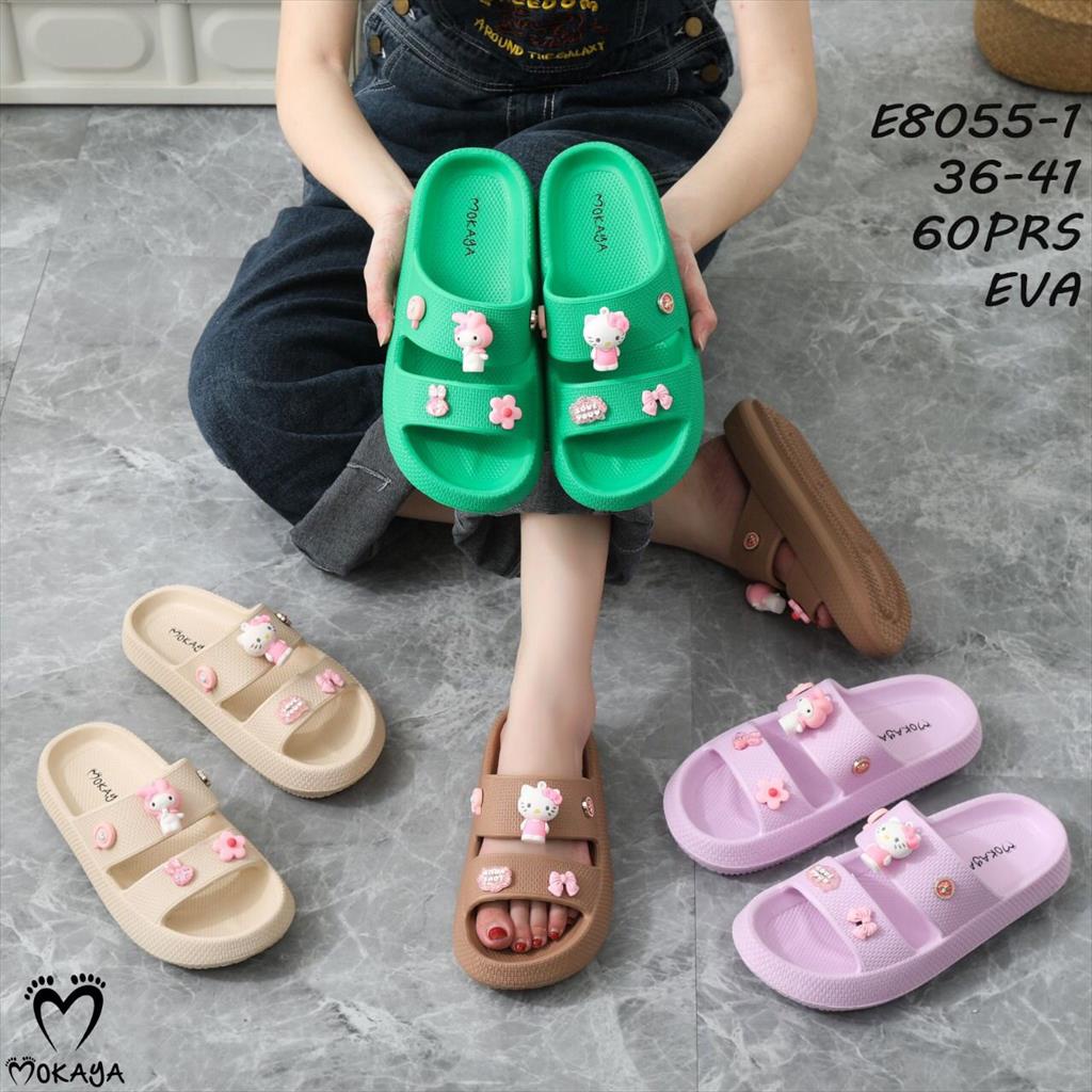 Sandal Slop Wanita Tebal Karet Eva Fuji Viral Ban 2 Motif Hello Kitty &amp; Bear Super Ringan Lucu Cantik Imut Trendy Import Mokaya /Size 36-41 (E8055-1 &amp; E8055-2)