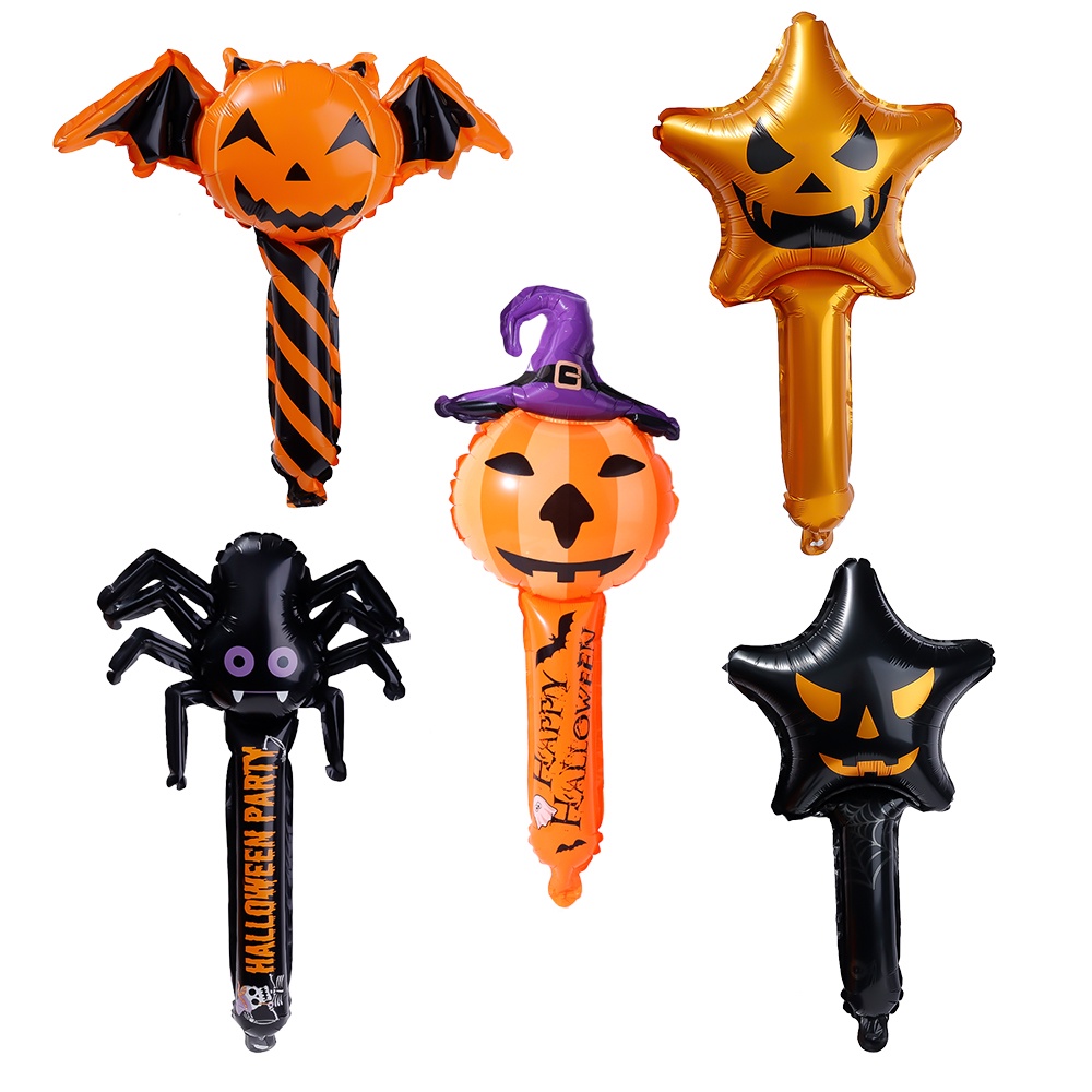 [ Wholesale ]Halloween Atmosphere Creation Tool Devil Spider Pumpkin Pattern Inflatable Wand Balloon Halloween Handheld Balloon Aluminum Film Balloons Home Halloween Party Supplies