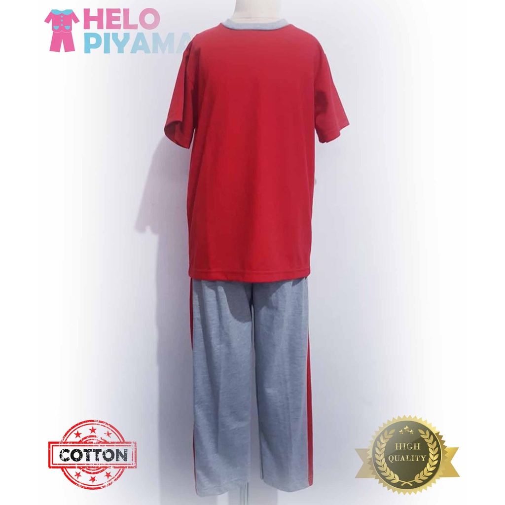 Helo Piyama - Baju Tidur Stelan Kaos Anak Cowok Merah Abu Polos