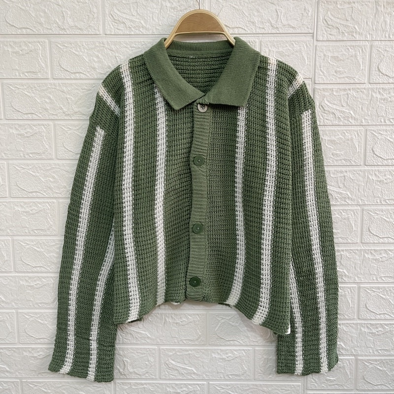 Nagoya Crop Knit Cardigan / Cardigan Wanita Berkerah Premium / Cardigan Stripes Motif