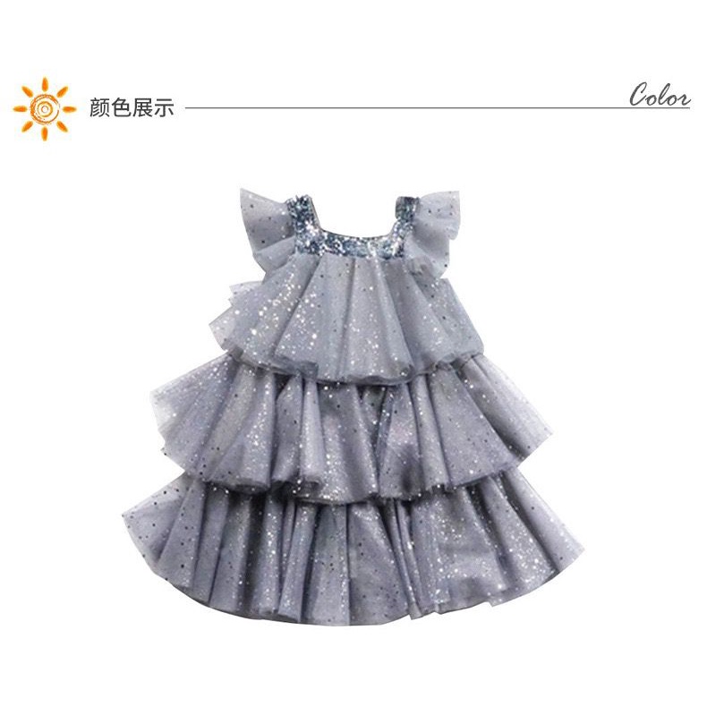 Dress Anak Princess Pesta Warna Grey Motif Layer Glitter Import