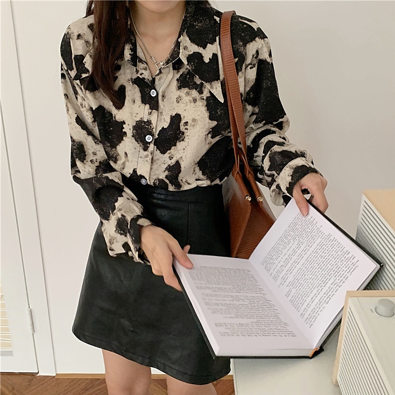 yikoo-Kemeja korea oversize blouse wanita fashion print atasan big size