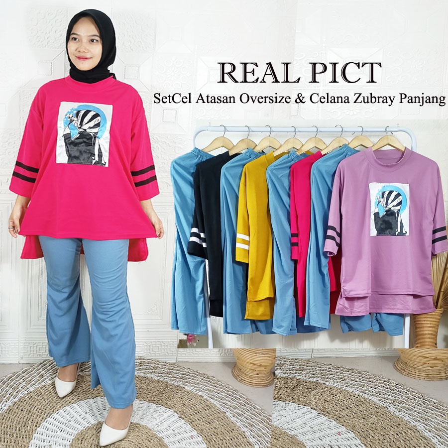 CARLINA SETELAN BASIC WANITA HIJAB ATASAN OVERSIZE DAN CELANA BIRU PANJANG ZUBRAY