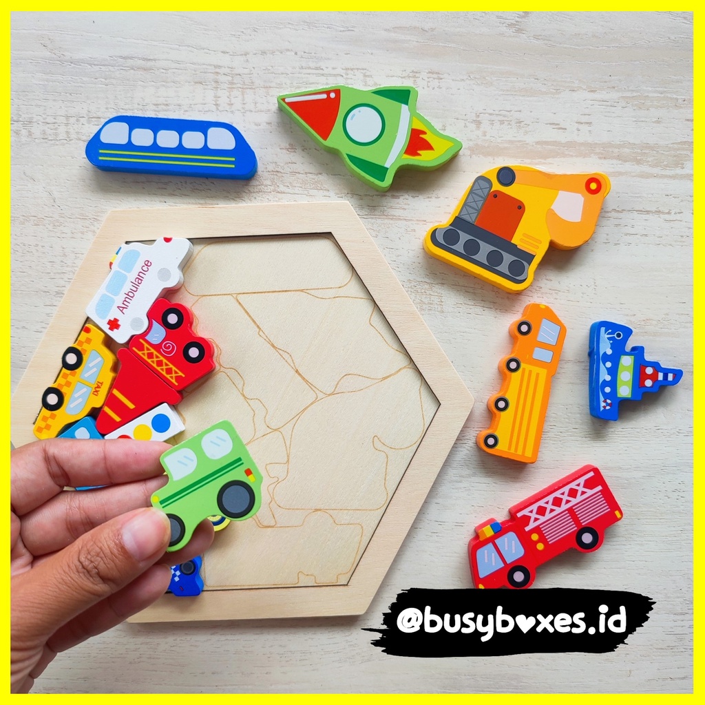 Busyboxes.id Mainan anak edukasi anak 1 2 3 tahun laki laki perempuan mainan edukasi Montessori puzzle jigsaw 3d  transportasi kendaraan hexagonal