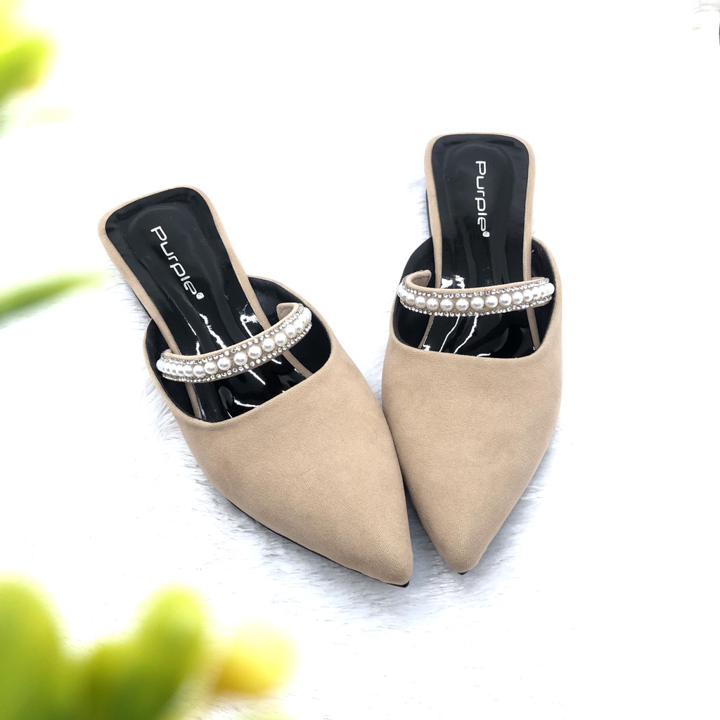 Sepatu Flat Shoes Wanita Mutiara slip on Mules Suede