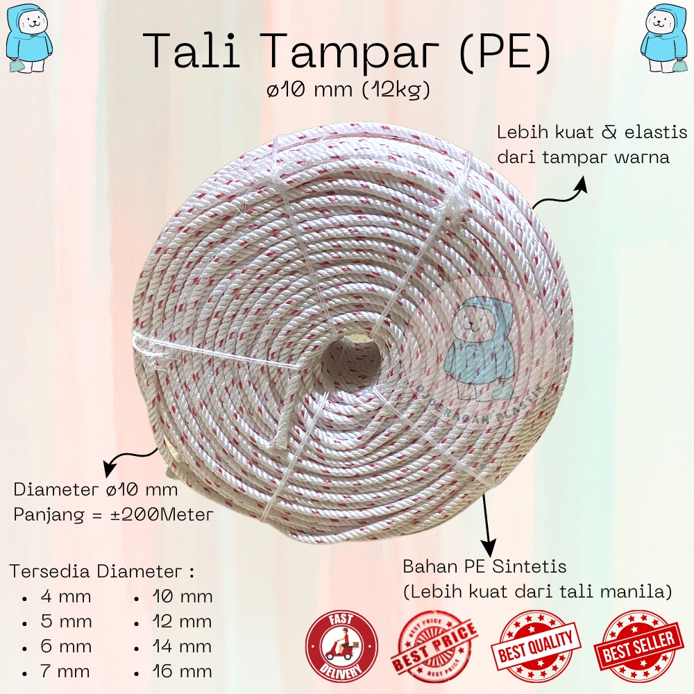 

[10mm x 200Meter] Tali Tambang Tampar Nilon Nylon PE Manila Putih Bercorak