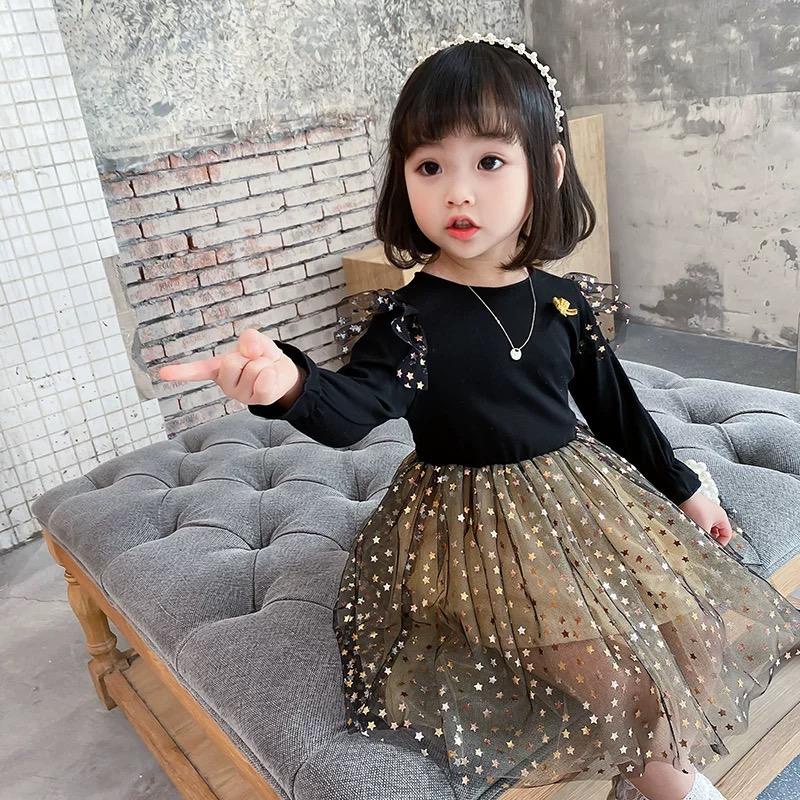 Dress Anak Prinicess Lengen Panjang Hitam Motif Star