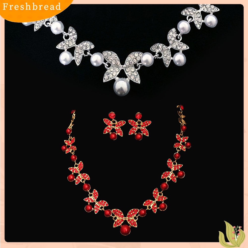 Set Perhiasan Kalung Anting Stud Rantai Mutiara Berlian Imitasi Untuk Pengantin Wanita