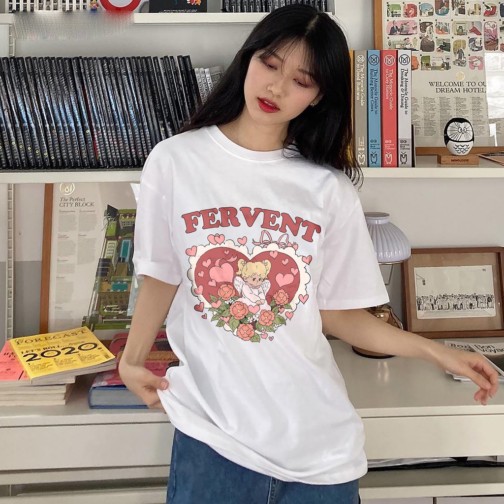 EUNII T-shirt Lengan Pendek Cinta Malaikat Kecil Pencetakan Longgar Korean Style/Kaos Atasan Wanita/Baju Kaus Oversize Wanita