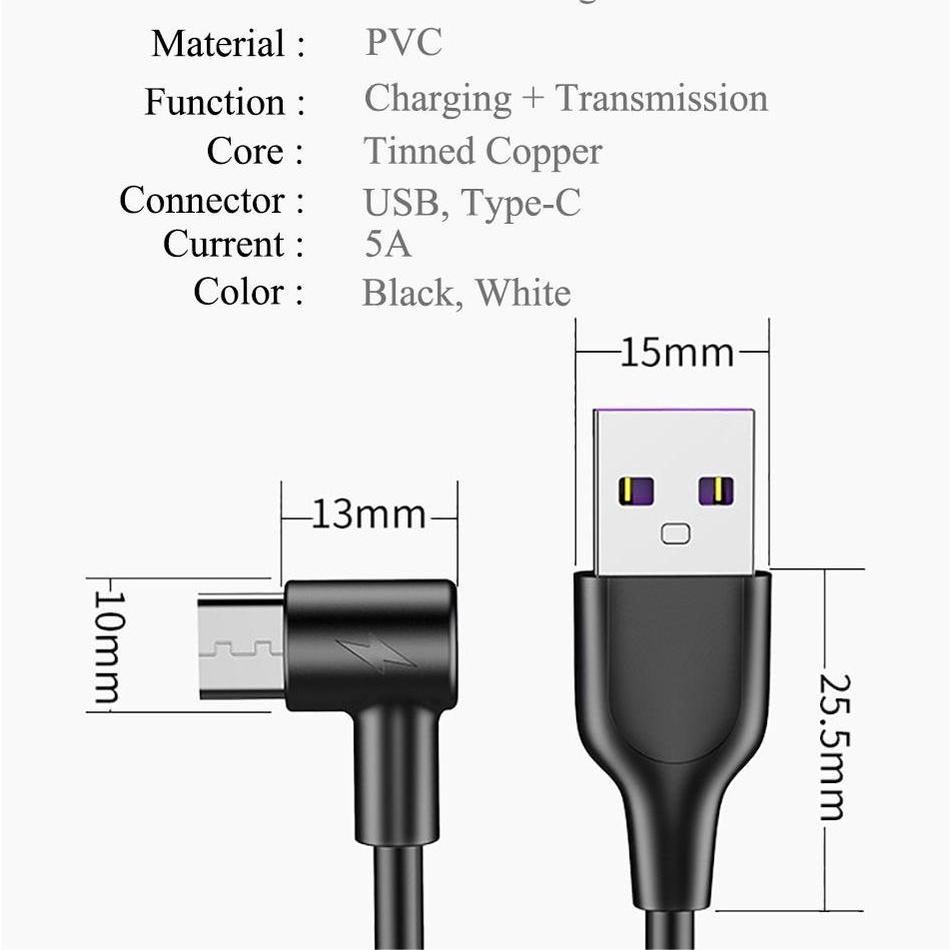 Kabel Data / Charger Usb Tipe C 5A 90 Derajat Fast Charging Untuk Huawei P30 Mate 20 Pro Samsung S10 S9