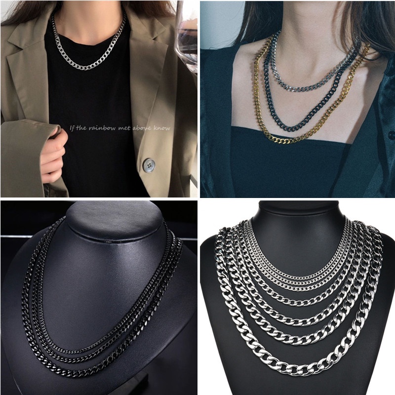 Kalung Rantai Choker Bahan Stainless Steel Warna Hitam Silver Ukuran 4mm / 5mm / 7mm / 8mm Untuk Pria Dan Wanita