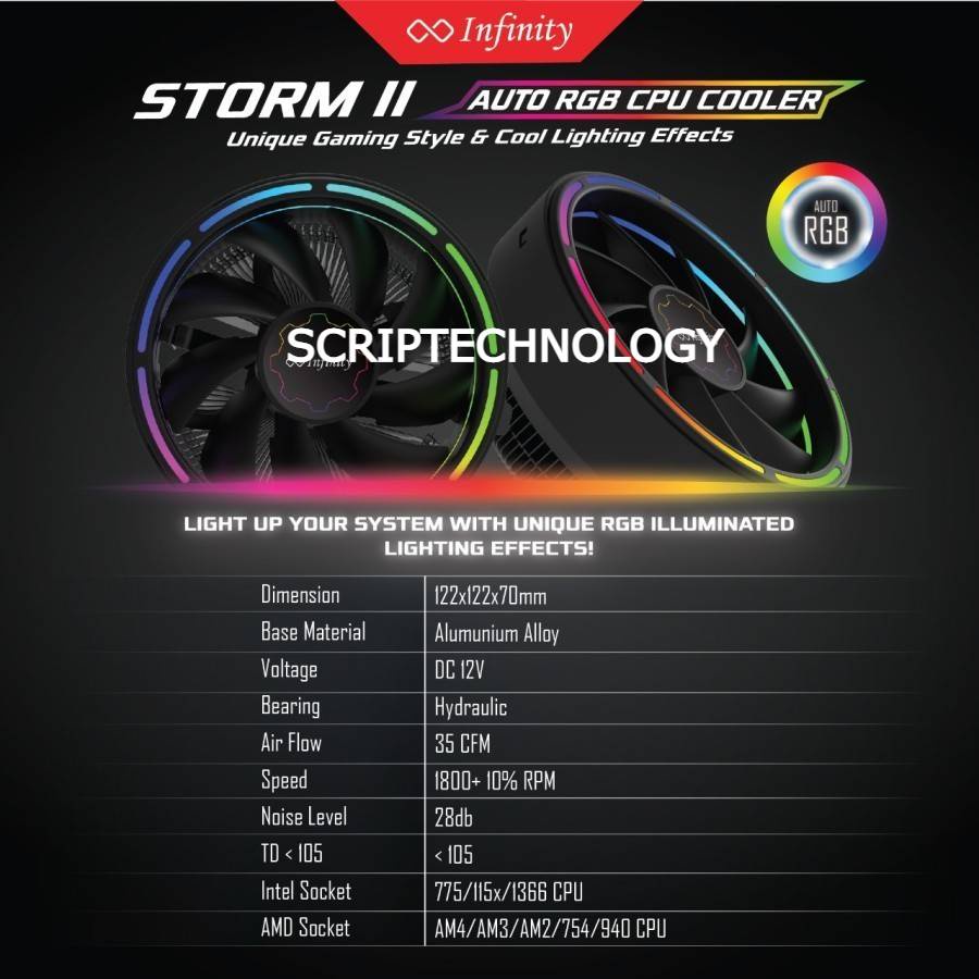 CPU Cooler Infinity Storm II Auto RGB Heatsink Fan Intel AMD Ori