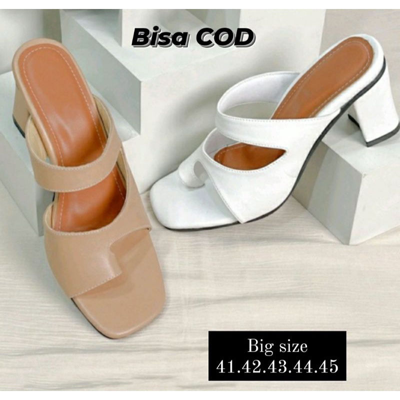 HIGHEELS Kulit Big Size Woman Super Besar 41.45 SLOP Jumbo Premium Cantik Hak7cm Sandal Hak Tinggi Pesta OVERSIZE Krem