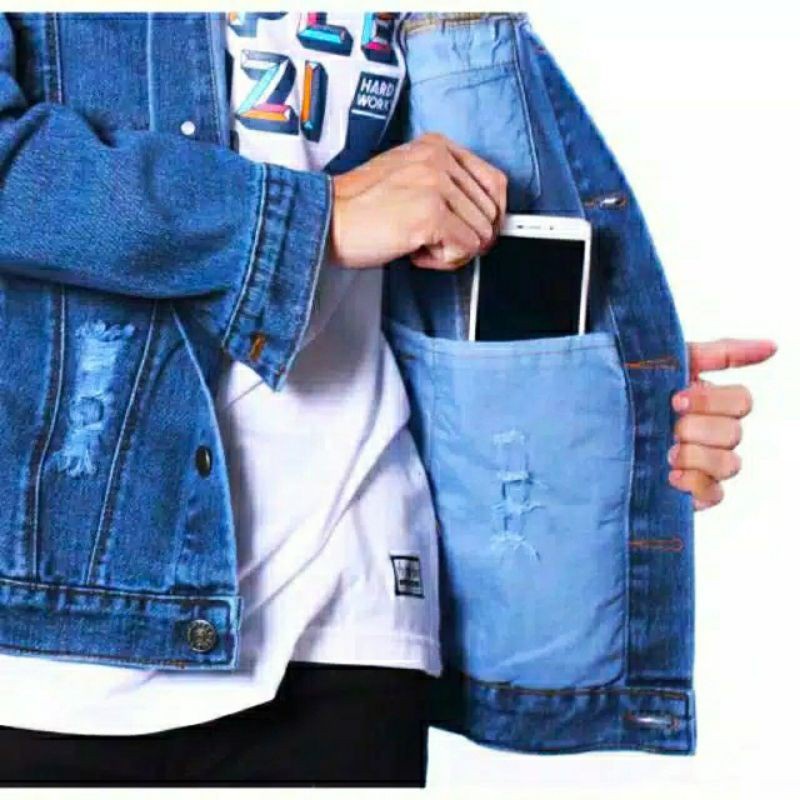 JAKET JEANS PRIA MODEL SOBEK MURAH TERLARIS/JAKET JINS COWOK/COWO HITAM BIRU TUA