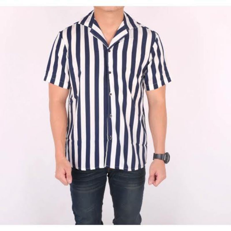 Kemeja Salur Stripe Lengan Pendek/Casual Kemeja Garis Vertical PREMIUM QUALITY Termurah!