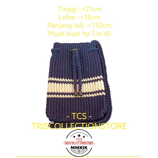 Promo tas rajut selempang wanita model serut buat hp dll, kekinian, viral, navy/biru, (serut strip, 