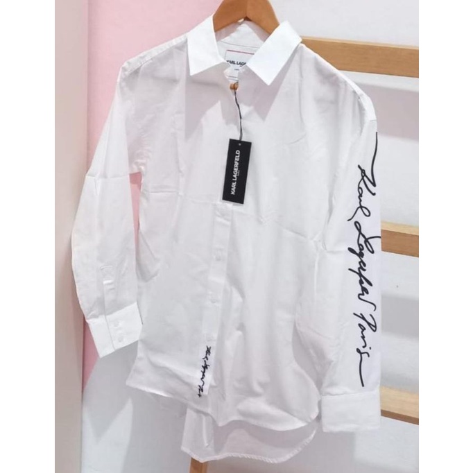 DISKON Karl Lagerfeld blouse shirt / kemeja side signature logo White