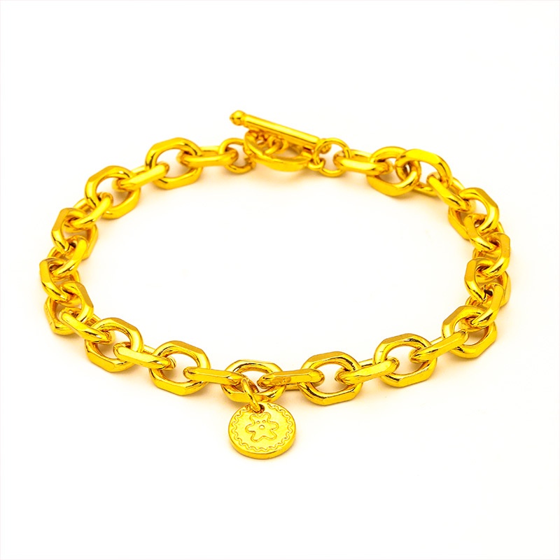 Goldkingdom Perhiasan Fashion Emas Asli Kadar 375 Bangkok Aksesoris Ready Stock Wanita Tebal Gelang Interlocking Sederhana Liontin Berkah Gelang