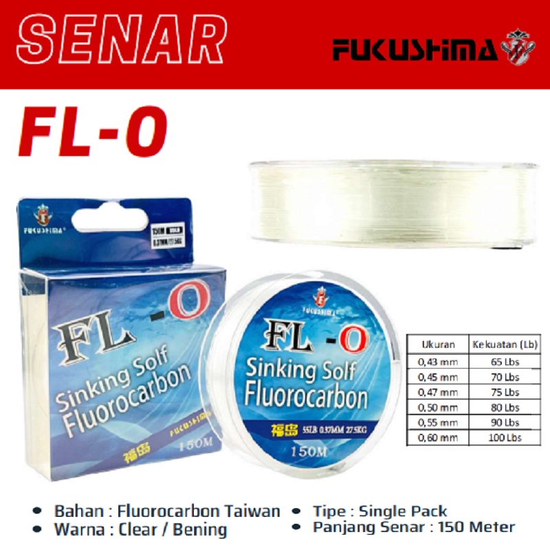 Senar Pancing Fukushima FL-O Fluorocarbon Sinking Panjang 150 meter Warna Clear