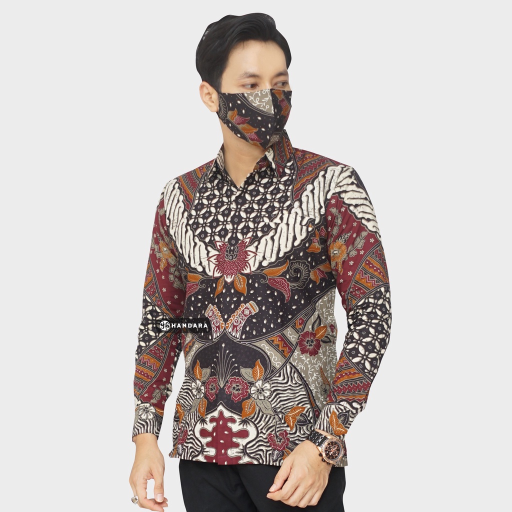 Baju Kemeja Batik Pria Lengan Panjang Slim Fit Premium Modern Full Furing Katun Halus Original Handara Motif Putra Prabu Kawung Tutup Bir HB-247