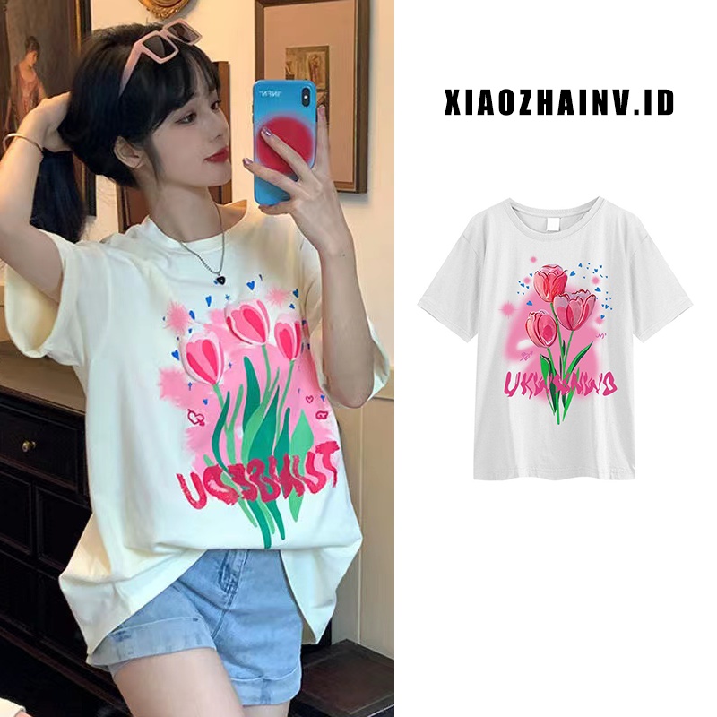 XIAOZHAINV Korean Style Tulip Pattern Washed Printing Kaos Wanita A0220