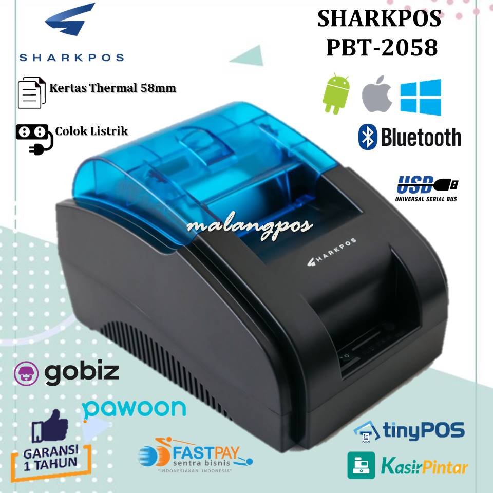 [SALE] Printer Bluetooth Thermal Sharkpos PBT 2058 Usb Bluetooth 58mm C58BT Support Gobiz