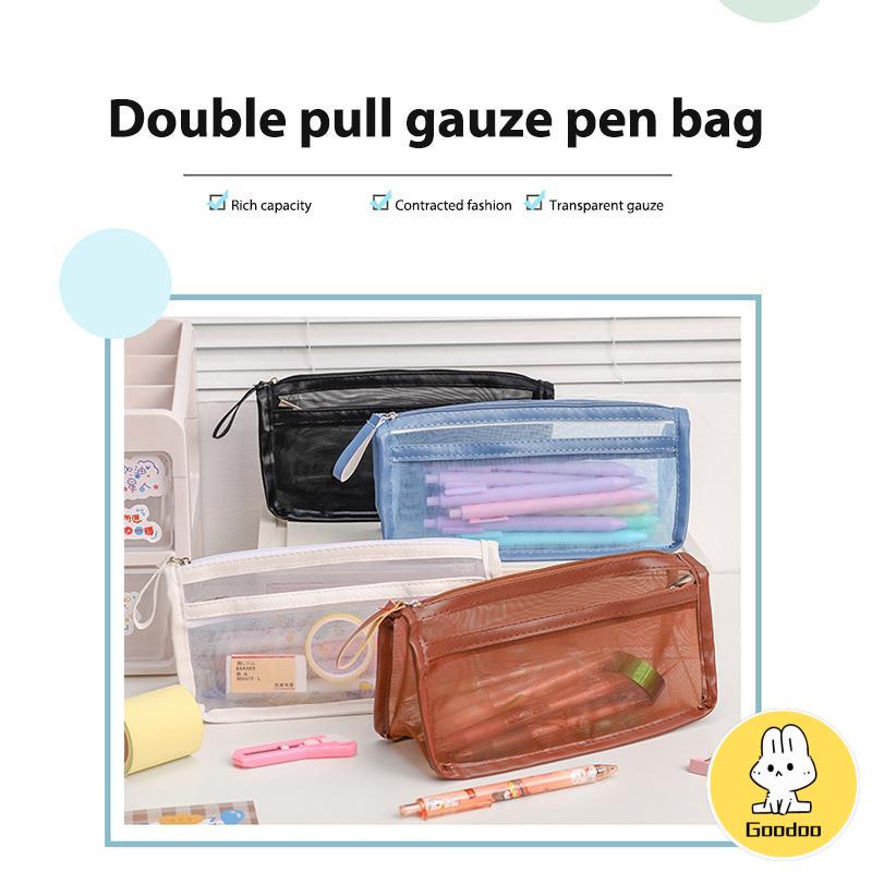 Tas Pensil Bersih Transparan dua ritsleting kotak pensil Mesh dua lapisan besar kantong alat tulis besar Mudah Dibawa kotak alat tulis -Doo