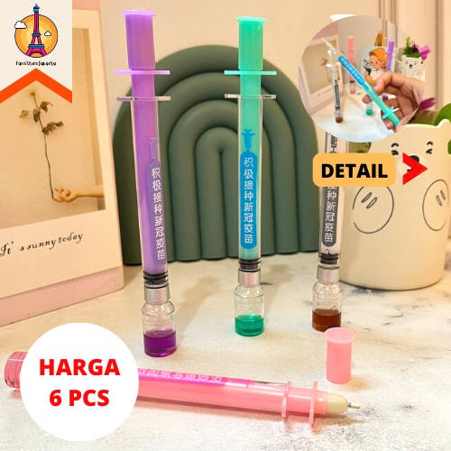 

Pulpen Gel Suntikan Vaksin Paket 6 Pcs Pulpen Medicine Unik Fancy Tinta Hitam Model Suntik Vaccine Ready Grosir