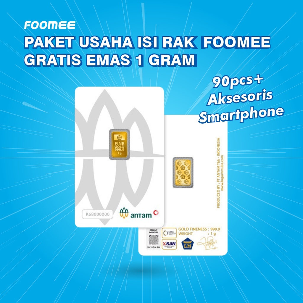 Foomee Paket Usaha Isi Rak Aksesoris Smartphone 98pcs Gratis Logam Mulia Emas