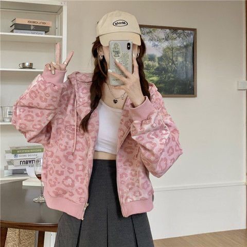 Nico##Retro Longgar Berkerudung Sweater Pink Leopard Print Jaket Pendek Mantel Wanita