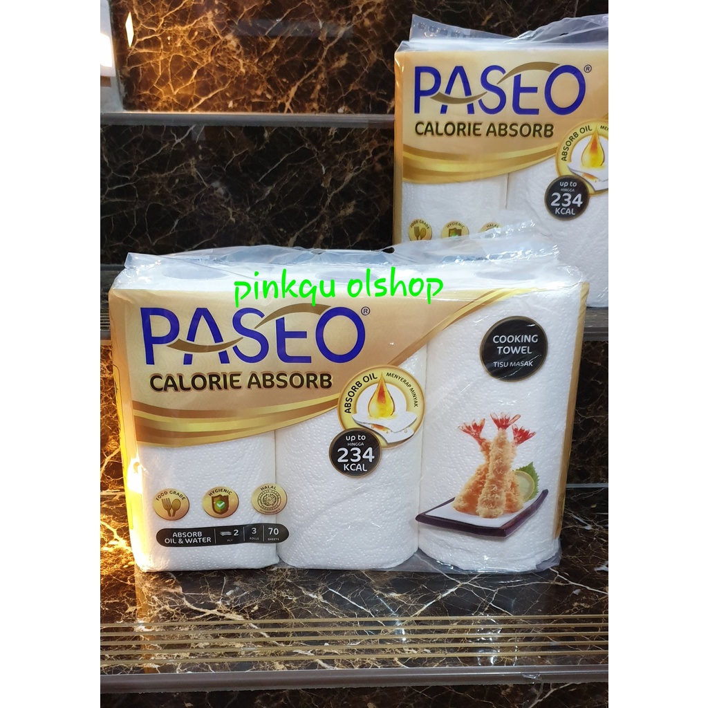 Tissue paseo calorie absorb cooking towel 3 rolls 70 sheet 2 ply/Roll (kemasan baru yah, foto yg lam