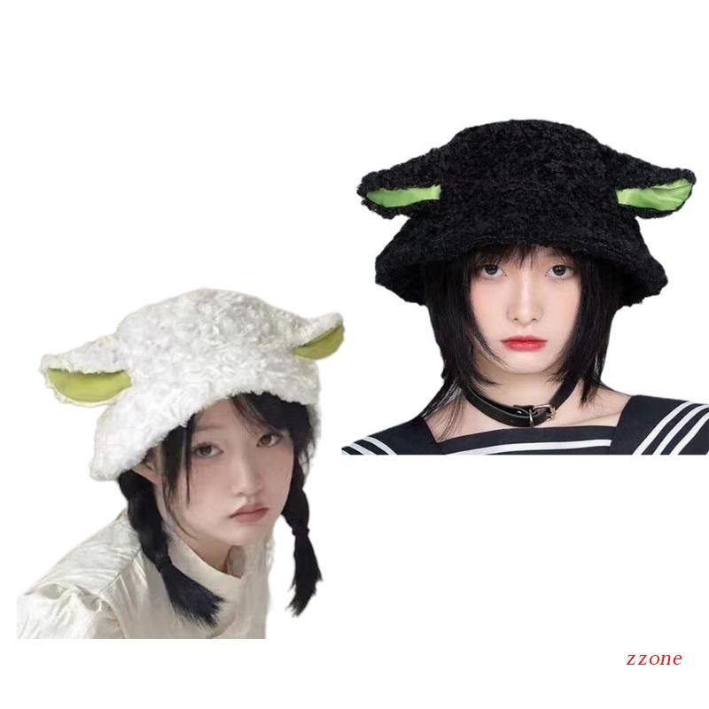 Topi Bucket Desain Telinga Domba Bahan Bulu Lembut Hangat Untuk Kostum Cosplay