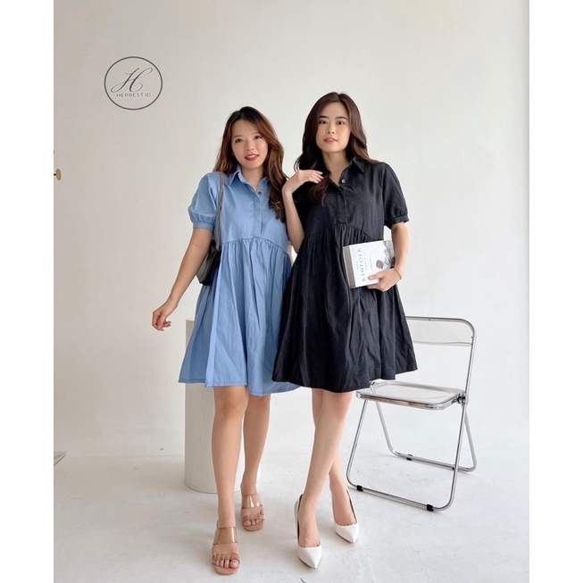 HERBEST 9166 MIDI DENIM DRESS FLARE WANITA JEANS IMPORT