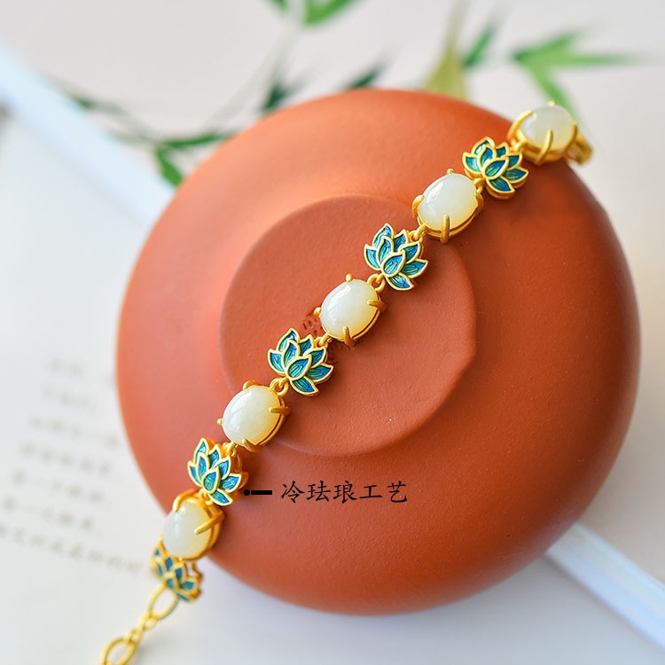 Goldkingdom Fashion Perhiasan Emas Asli Kadar 375 Bangkok Aksesoris Ready Stock Kerajinan Manusia Bertatahkan lotus Alami lotus enamel Tebal frosted Gelang Peri Pesona retro Wanita