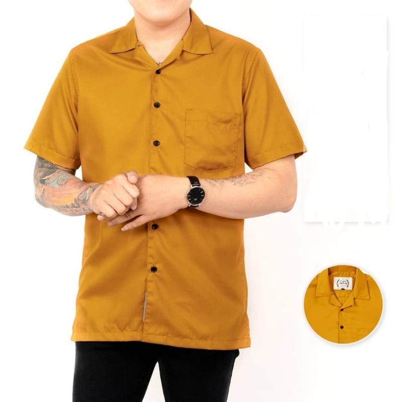Kemeja Polos Pria Kemeja Lengan Pendek Kemeja Polosan Top Men Baju Kemeja Pria Oxford Kemeja Terbaru Kerah V Terbaru santai  Hawai V-Neck